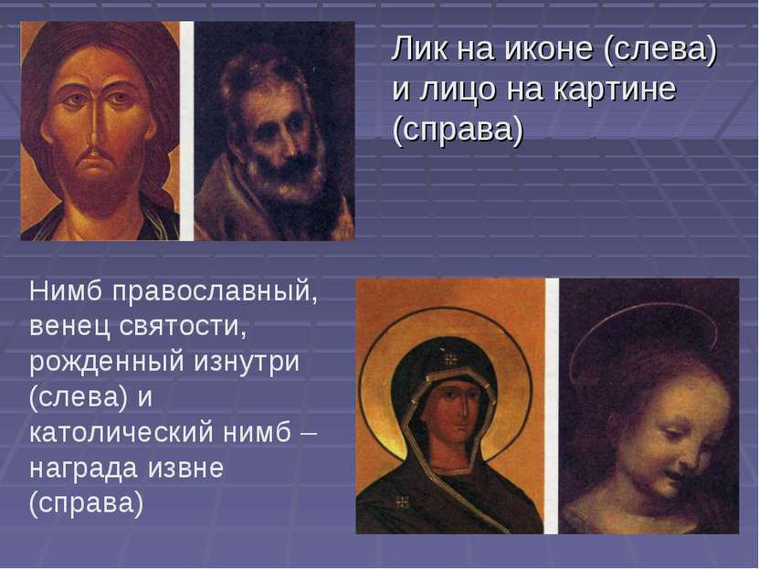 Лик на иконе (слева) и лицо на картине (справа) Нимб православный, венец свят...
