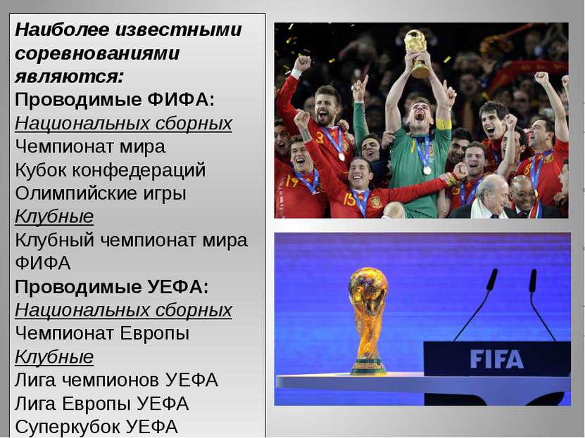 Наиболее известными соревнованиями являются: Проводимые ФИФА: Национальных сб...
