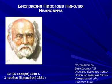 13 (25 ноября) 1810 г. – 3 ноября (5 декабря) 1881 г Биография Пирогова Никол...