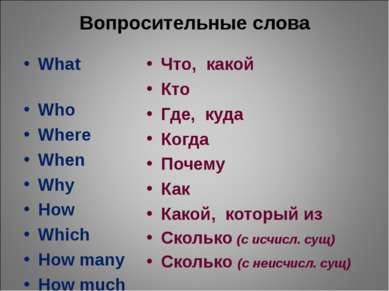 Вопросительные слова What Who Where When Why How Which How many How much Что,...