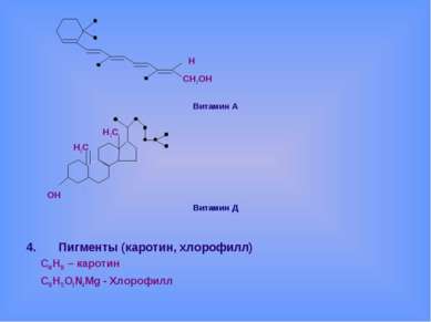 Н СН2ОН Витамин А Н3С Н2С ОН Витамин Д Пигменты (каротин, хлорофилл) С40Н56 –...