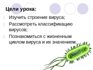 Цели урока: Изучить строение вируса; Рассмотреть классификацию вирусов; Позна...