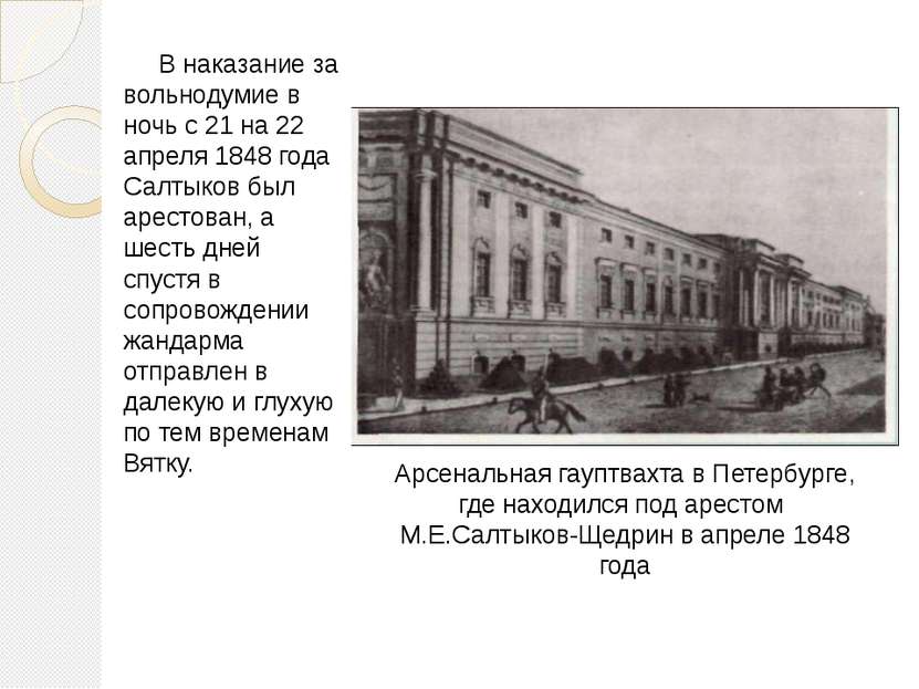 В наказание за вольнодумие в ночь с 21 на 22 апреля 1848 года Салтыков был ар...