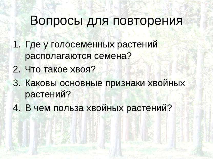 Вопросы для повторения Где у голосеменных растений располагаются семена? Что ...