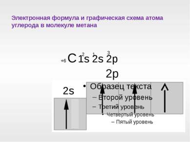 Электронная формула и графическая схема атома углерода в молекуле метана +6 С...