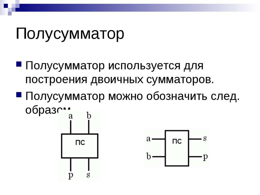 Полусумматор Полусумматор используется для построения двоичных сумматоров. По...