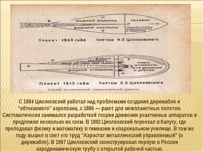 С 1884 Циолковский работал над проблемами создания дирижабля и “обтекаемого” ...