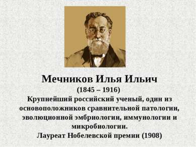 Мечников Илья Ильич (1845 – 1916) Крупнейший российский ученый, один из основ...