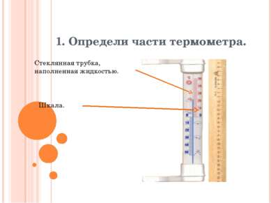 1. Определи части термометра. Стеклянная трубка, наполненная жидкостью. Шкала.