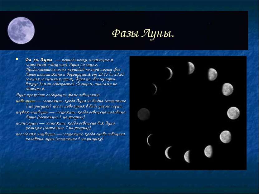 Фазы Луны. Фа зы Луны  — периодически меняющиеся состояния освещения Луны Сол...