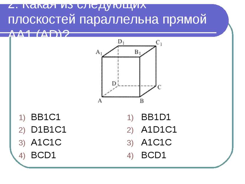 2. Какая из следующих плоскостей параллельна прямой AA1 (AD)? BB1C1 D1B1C1 A1...