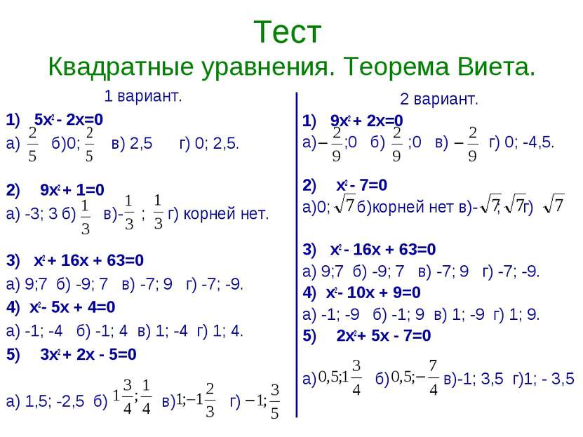 Тест Квадратные уравнения. Теорема Виета. 1 вариант. 1) 5х2 - 2х=0 а) б)0; в)...