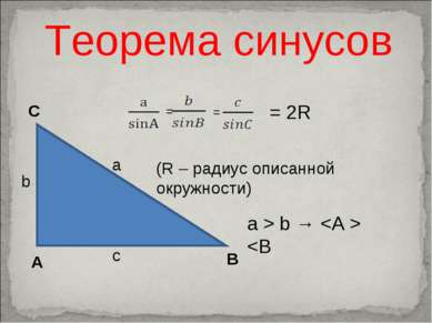 Теорема синусов С А В а b c = = (R – радиус описанной окружности) = 2R a > b →