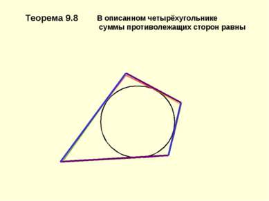Теорема 9.8 В описанном четырёхугольнике суммы противолежащих сторон равны