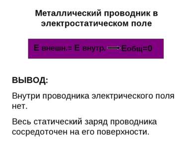 Металлический проводник в электростатическом поле Е внешн.= Е внутр. Еобщ=0 В...