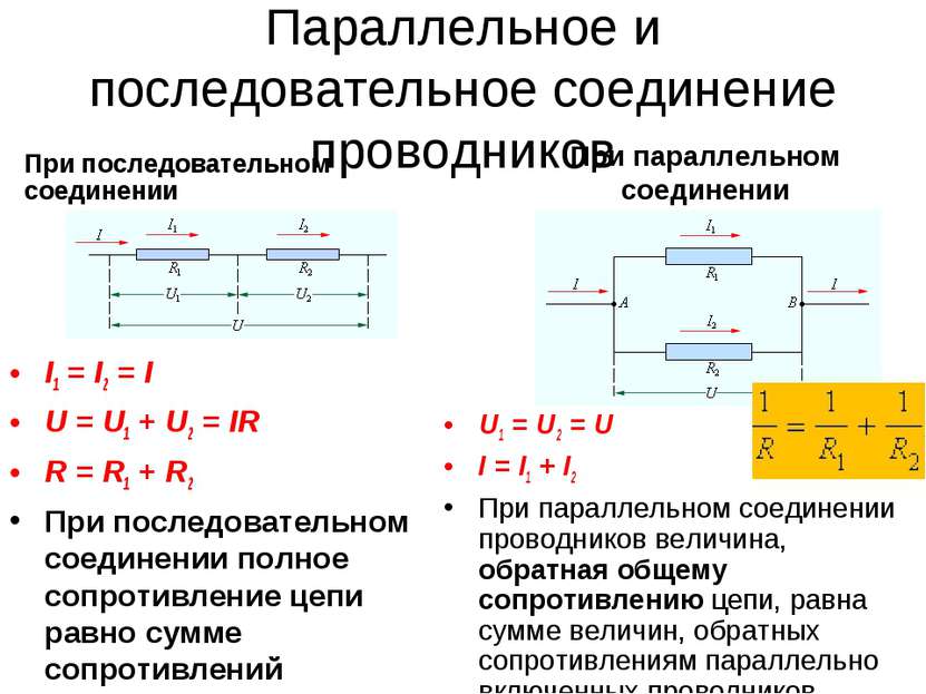 Параллельное и последовательное соединение проводников I1 = I2 = I U = U1 + U...