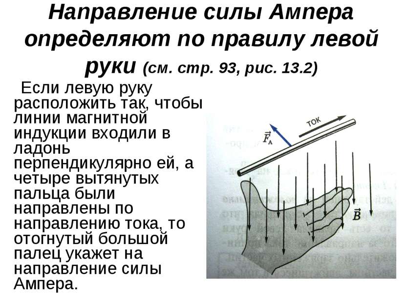 Направление силы Ампера определяют по правилу левой руки (см. стр. 93, рис. 1...