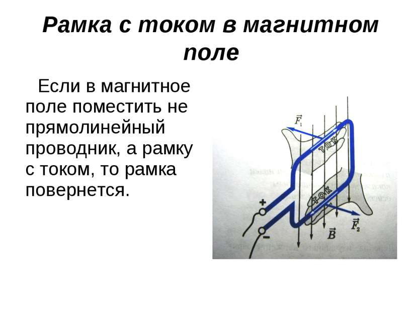 Рамка с током в магнитном поле Если в магнитное поле поместить не прямолинейн...