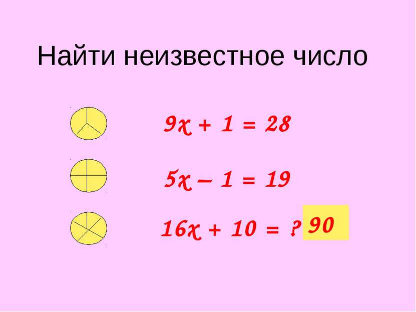 Найти неизвестное число 9х + 1 = 28 5х – 1 = 19 16х + 10 = ? 90