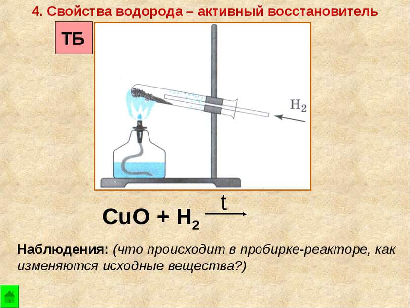 CuO + Н2 t 4. Свойства водорода – активный восстановитель Наблюдения: (что пр...