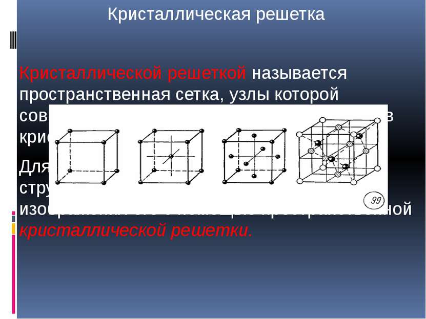 Кристаллическая решетка Кристаллической решеткой называется пространственная ...