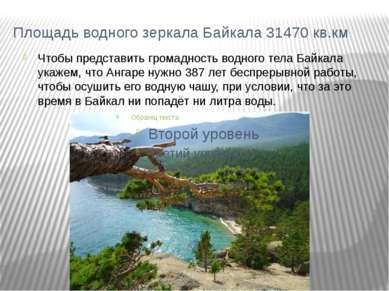 Площадь водного зеркала Байкала 31470 кв.км Чтобы представить громадность вод...