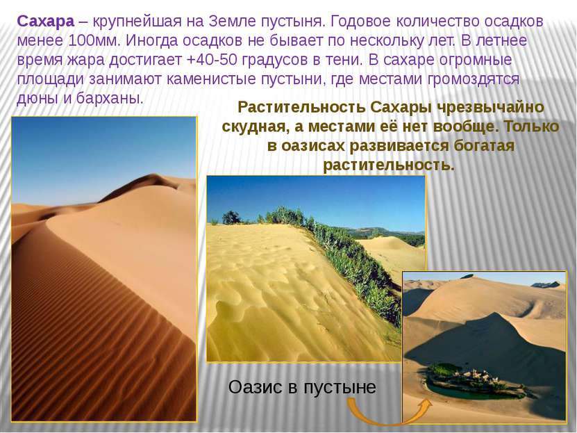 Сахара – крупнейшая на Земле пустыня. Годовое количество осадков менее 100мм....