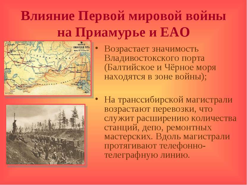 Влияние Первой мировой войны на Приамурье и ЕАО Возрастает значимость Владиво...