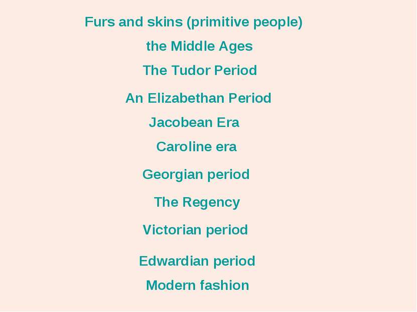 Furs and skins (primitive people) the Middle Ages The Tudor Period An Elizabe...
