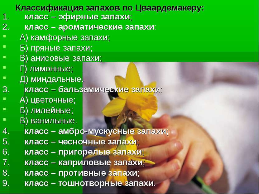 Классификация запахов по Цваардемакеру: 1. класс – эфирные запахи; 2. класс –...