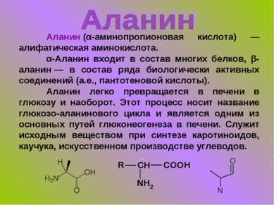 Аланин (α-аминопропионовая кислота) — алифатическая аминокислота. α-Аланин вх...