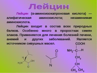 Лейцин (α-аминоизокапроновая кислота) — алифатическая аминокислота; незаменим...