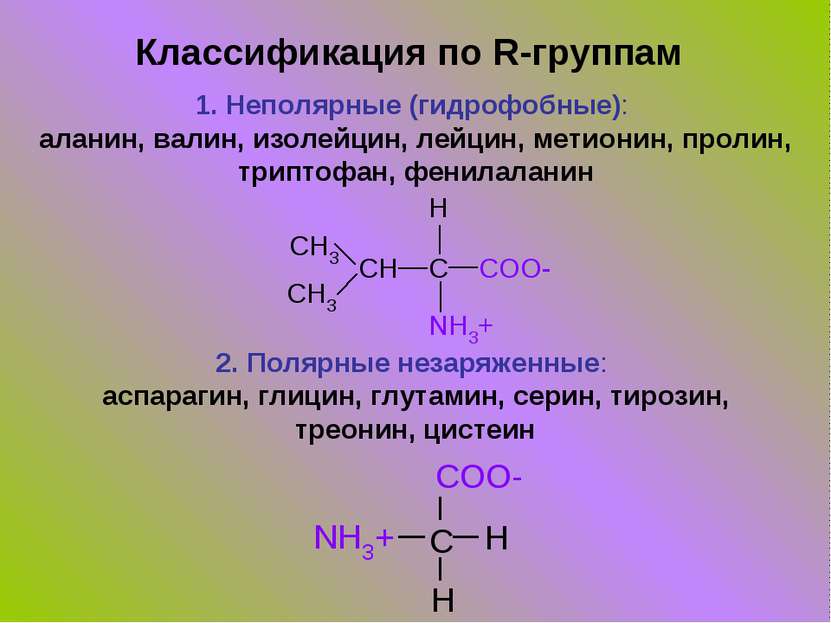 Классификация по R-группам 1. Неполярные (гидрофобные): аланин, валин, изолей...