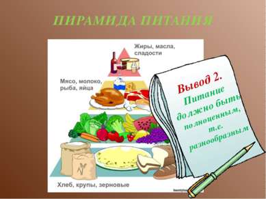 ПИРАМИДА ПИТАНИЯ Вывод 2. Питание должно быть полноценным, т.е. разнообразным