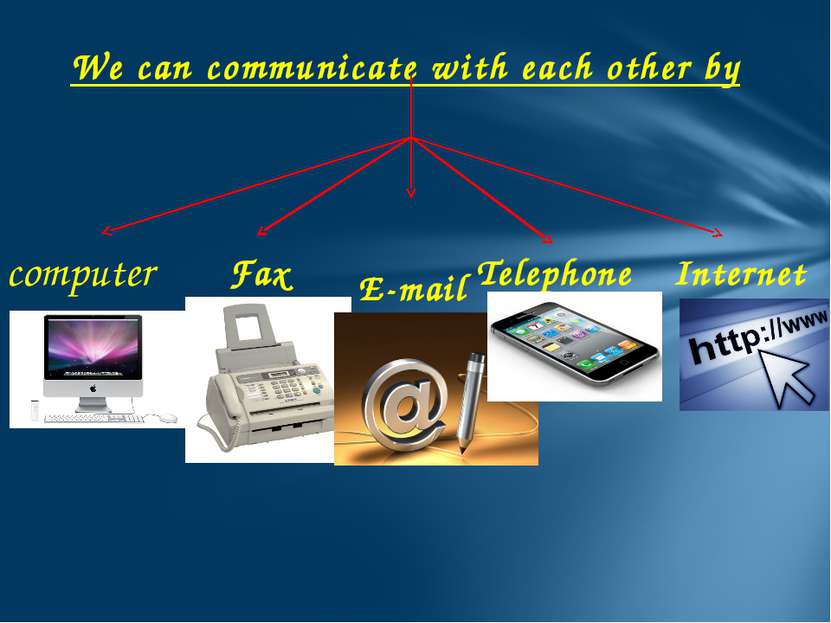 We can communicate with each other by computer Fax E-mail Telephone Internet