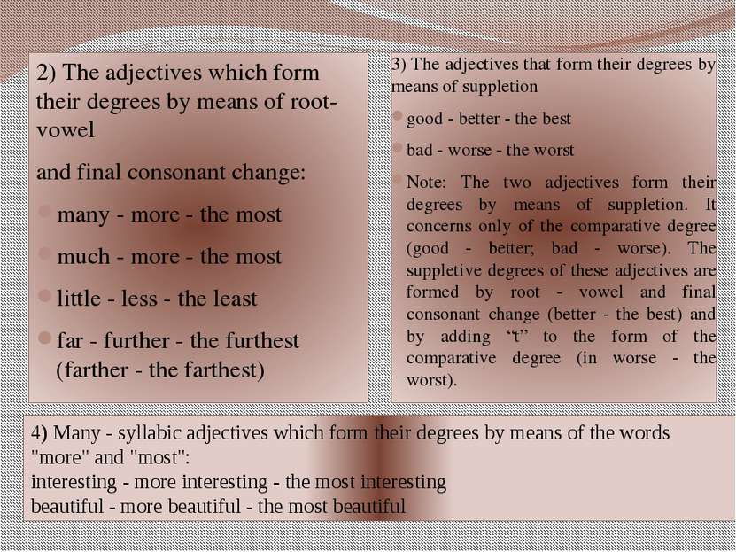 2) The adjectives which form their degrees by means of root-vowel and final c...