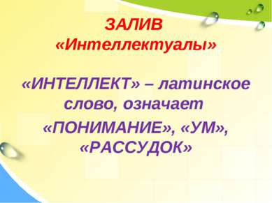 ЗАЛИВ «Интеллектуалы» «ИНТЕЛЛЕКТ» – латинское слово, означает «ПОНИМАНИЕ», «У...