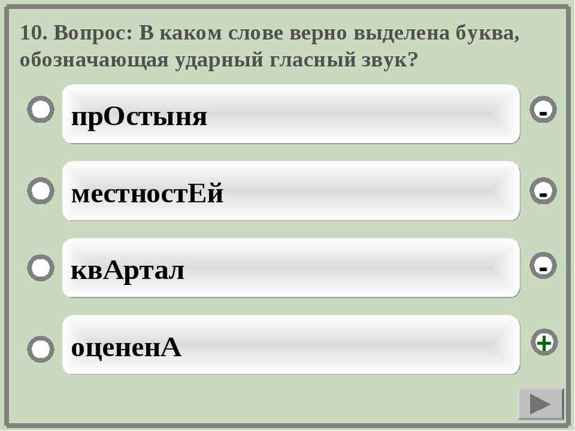 10. Вопрос: В каком слове верно выделена буква, обозначающая ударный гласный ...