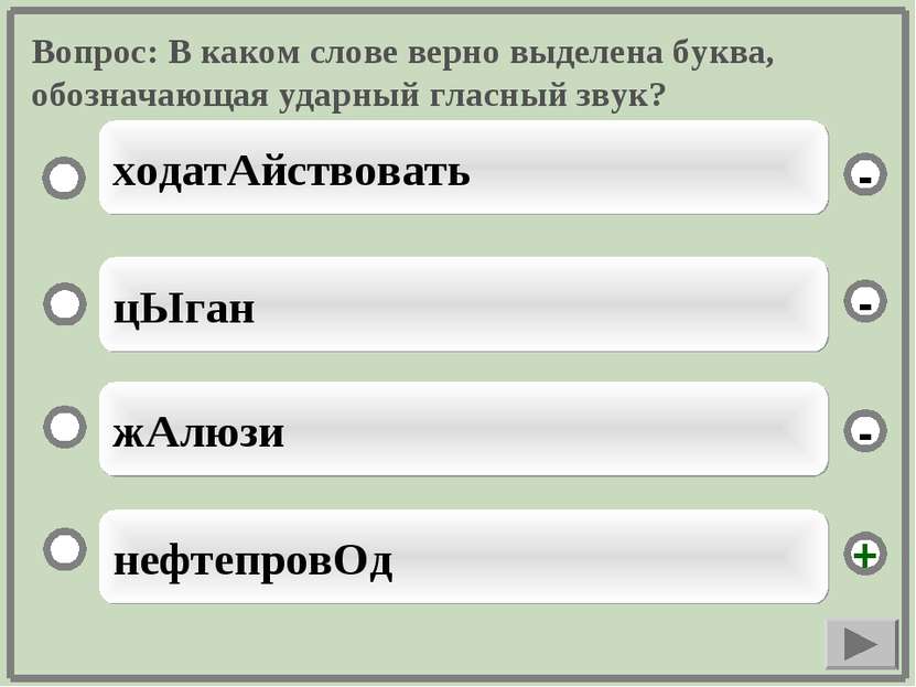 Вопрос: В каком слове верно выделена буква, обозначающая ударный гласный звук...