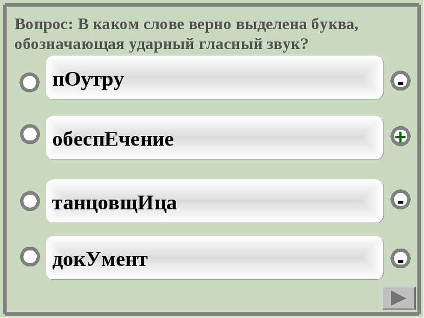 Вопрос: В каком слове верно выделена буква, обозначающая ударный гласный звук...