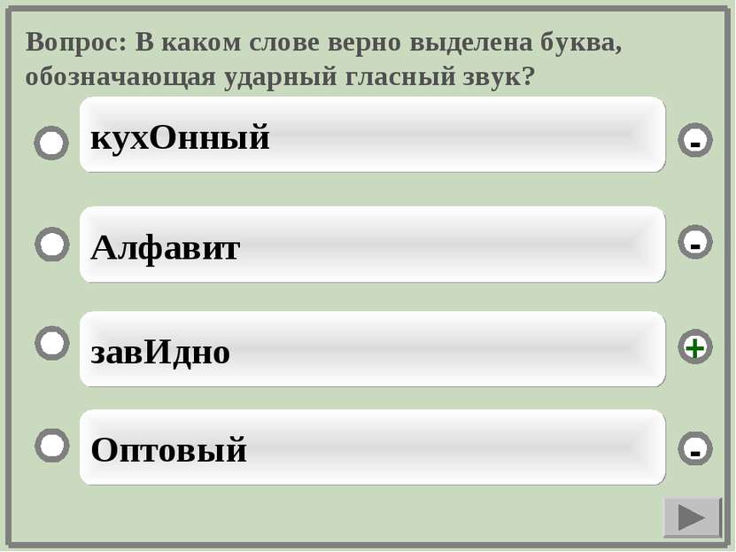 Вопрос: В каком слове верно выделена буква, обозначающая ударный гласный звук...