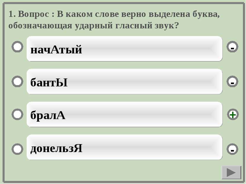 1. Вопрос : В каком слове верно выделена буква, обозначающая ударный гласный ...