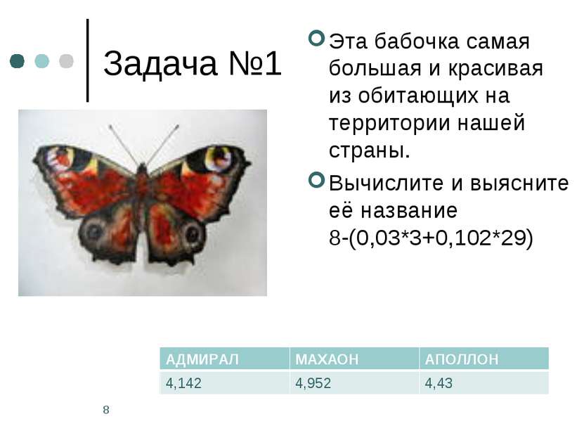 Задача №1 Эта бабочка самая большая и красивая из обитающих на территории наш...