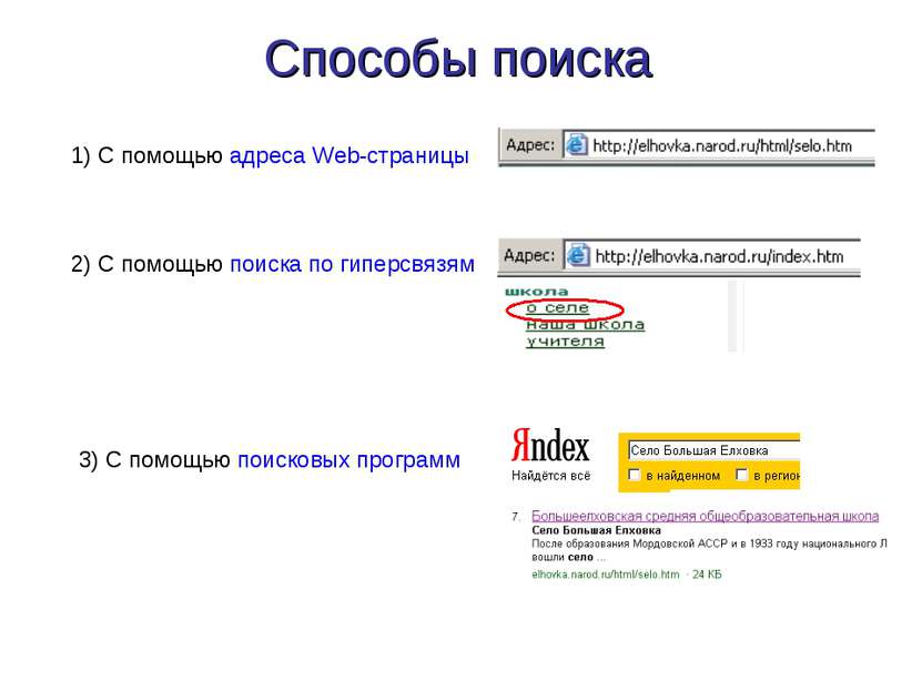 Способы поиска 1) С помощью адреса Web-страницы 2) С помощью поиска по гиперс...