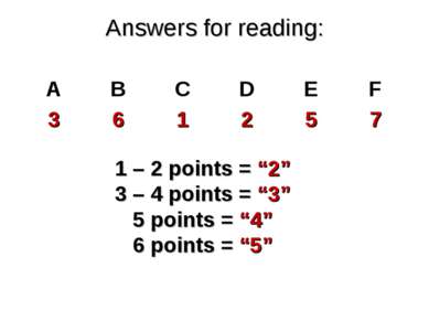 Answers for reading: 1 – 2 points = “2” 3 – 4 points = “3” 5 points = “4” 6 p...