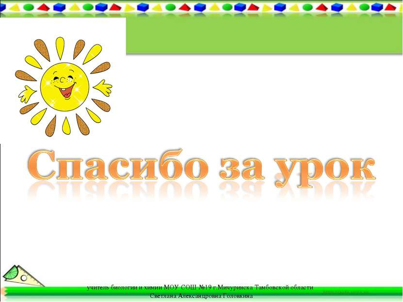 учитель биологии и химии МОУ СОШ №19 г.Мичуринска Тамбовской области Светлана...