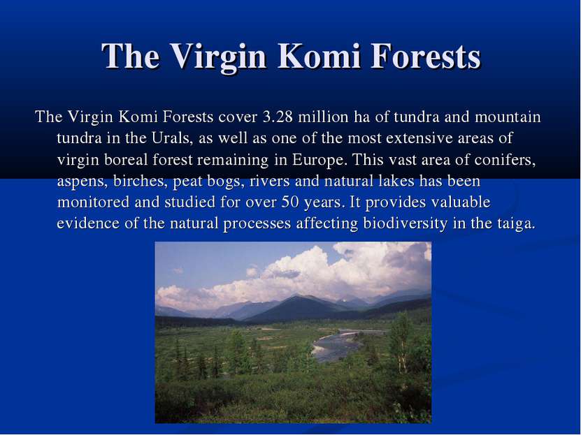 The Virgin Komi Forests The Virgin Komi Forests cover 3.28 million ha of tund...