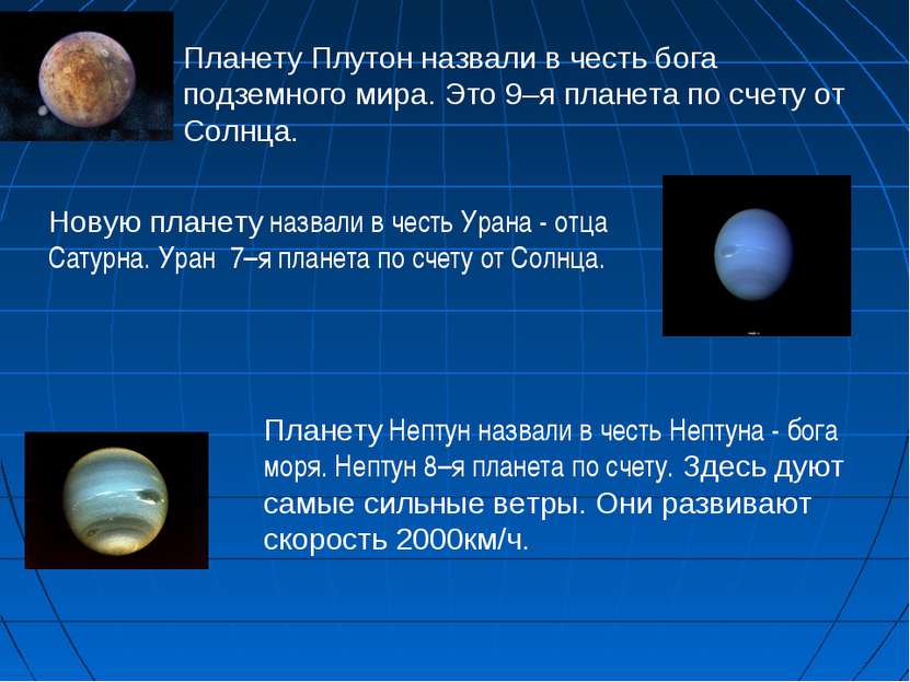 Планету Плутон назвали в честь бога подземного мира. Это 9–я планета по счету...