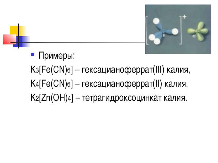 Примеры: K3[Fe(CN)6] – гексацианоферрат(III) калия, K4[Fe(CN)6] – гексацианоф...