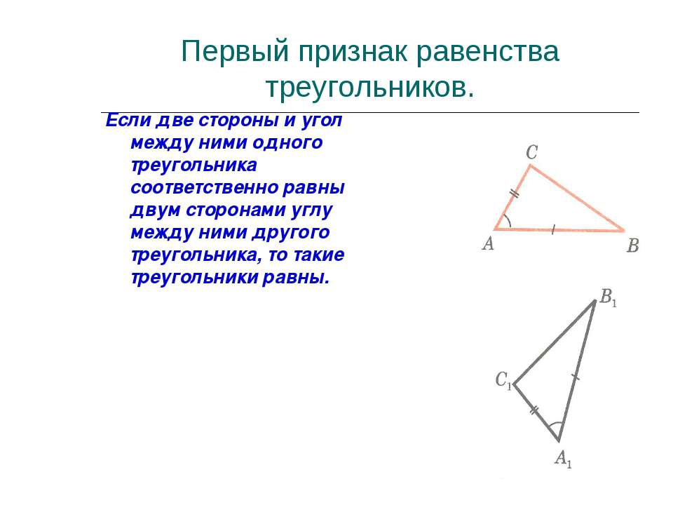 Рисунок 1 признака равенства треугольников. Первый признак равенства треугольников 7 класс. 1 Признак равенства треугольников 7 класс. Признак по двум сторонам и углу между ними. Равенство треугольников по 2 сторонам и углу между ними.
